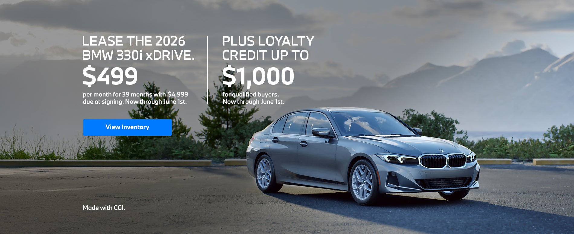 Alquiler del 2026 330i a partir de 499 $ al mes durante 39 meses.
