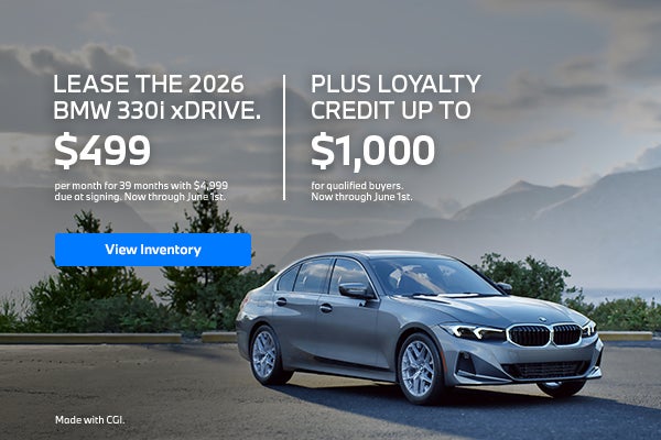 Alquiler del 2026 330i a partir de 499 $ al mes durante 39 meses.
