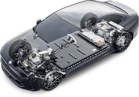Representación transparente de la cadena de transmisión del BMW i3 Sedán, en la que se destacan la arquitectura del sistema de propulsión y la batería.