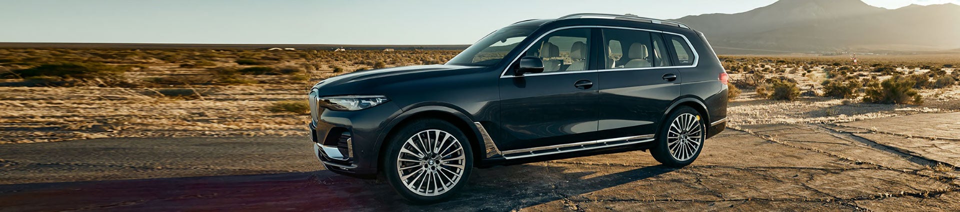 Un BMW X7 aparcado junto a la carretera en un desierto.