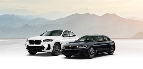 Dos vehículos BMW Performance M aparcados en paralelo frente a un paisaje montañoso.
